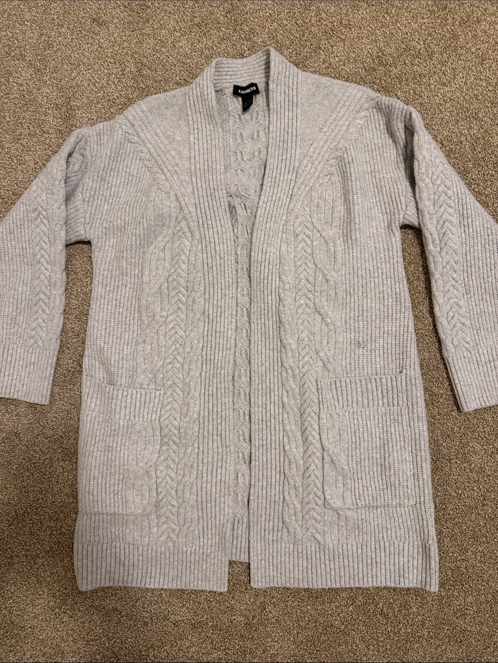 Express Light Gray Cable-Knit Open Cardigan Sweater with Pockets
